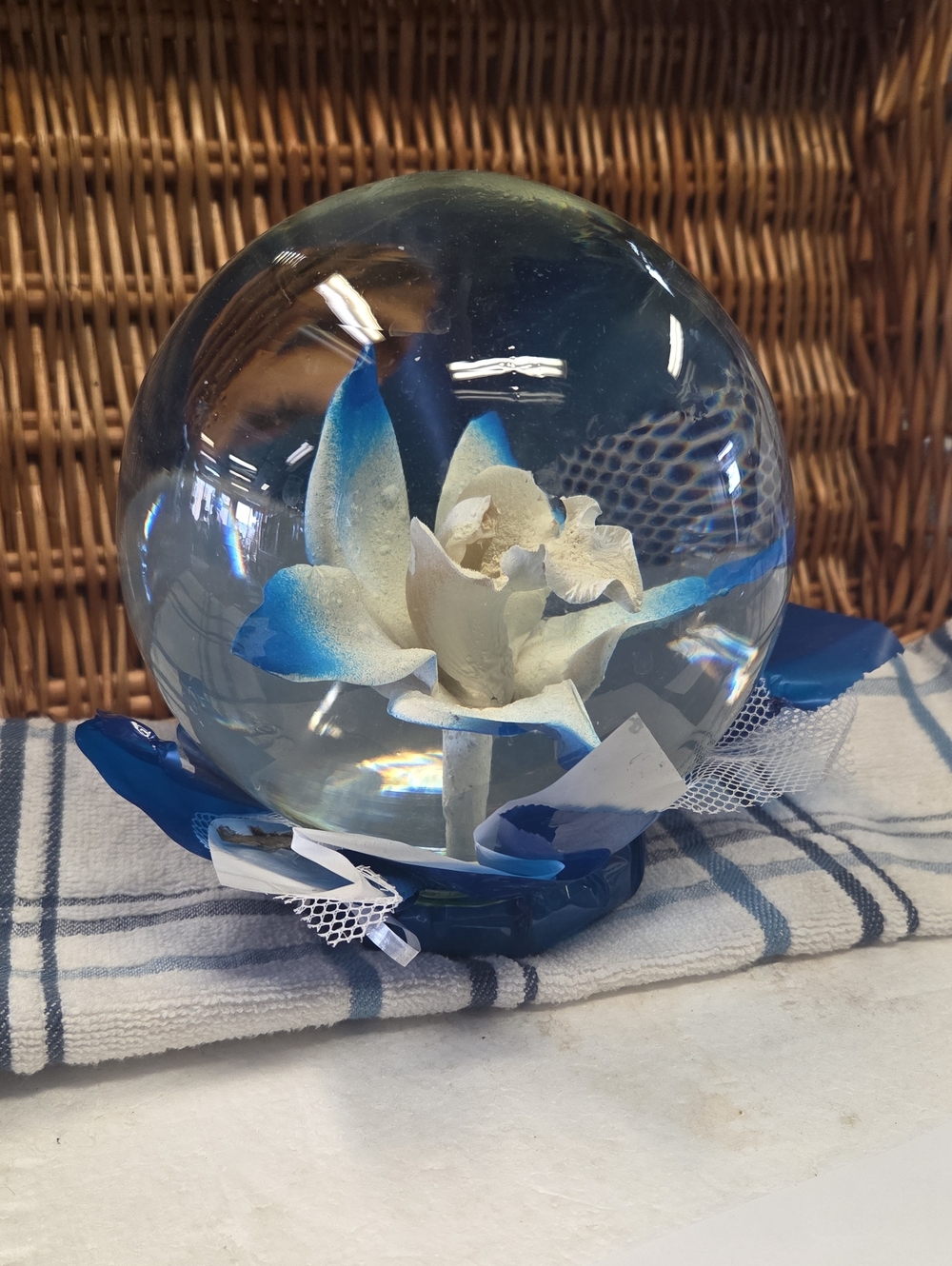 Blue and White Glass Flower Art Sphere Paper weight